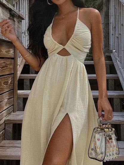 Vestido midi blanco vintage con espalda descubierta y abertura cruzada