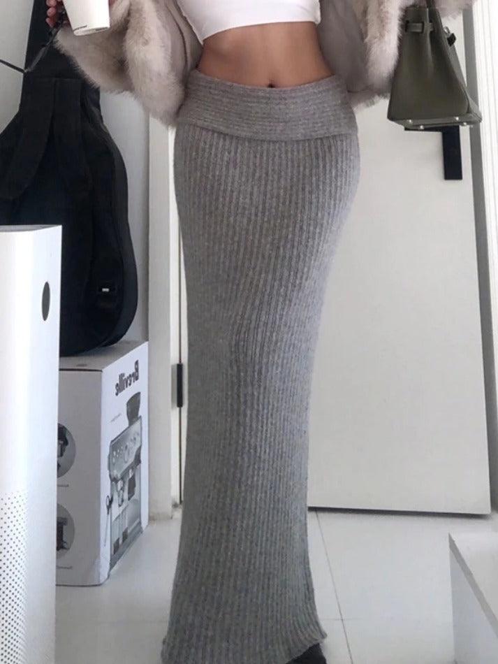 Classic Gray Solid Turned Waist Low Rise Maxi Skirt