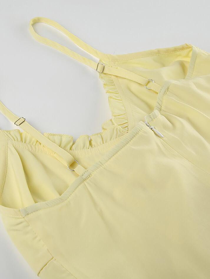 Yellow Vintage V Neck Ruffle Slit Hem Plain Top