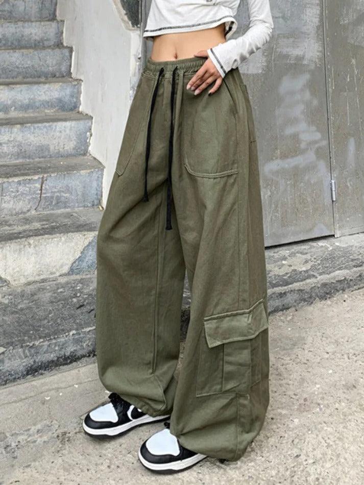 Pantalones cargo holgados vintage con cordón y bolsillos grandes