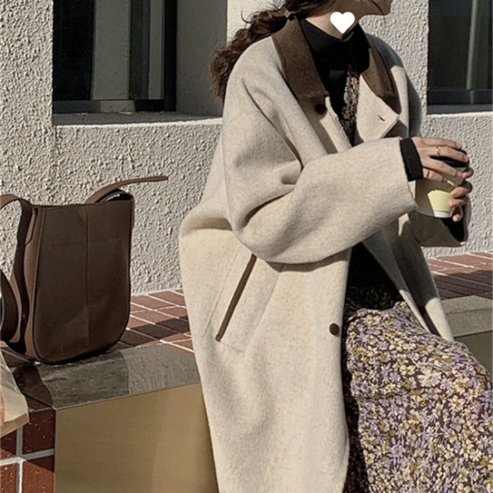 Beige Wool Blend Long Coat with Brown Collar for Women - Ambra