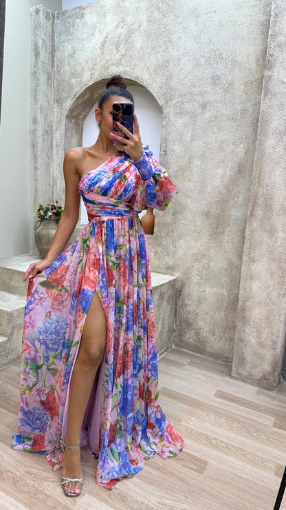 Party Flowy Shoulder Dress | Slit