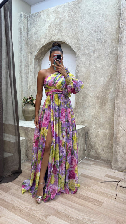 Party Flowy Shoulder Dress | Slit