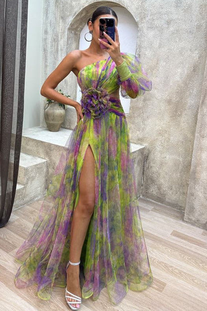 Multicolor One Shoulder Maxi Dress with Side Slit for Women - Luisa