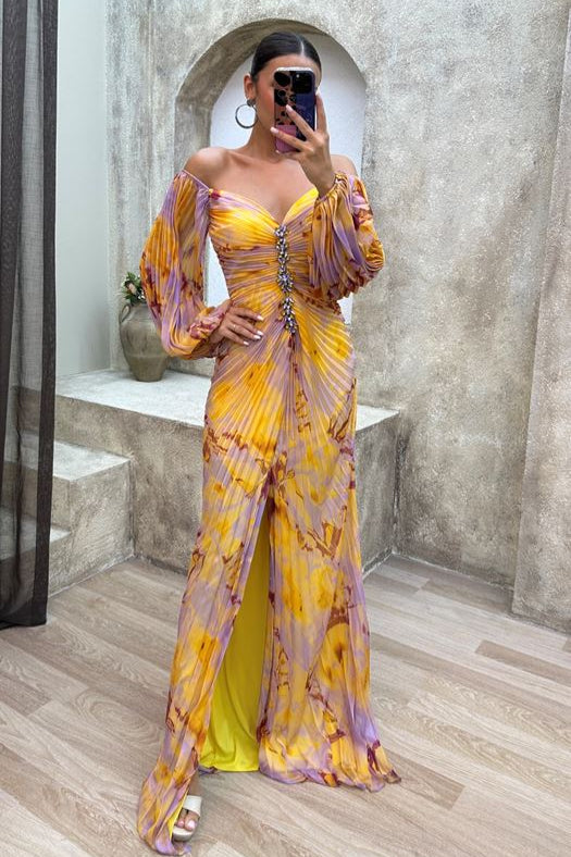 Yellow Off-Shoulder Maxi Dress with Side Slit for Women - Melania