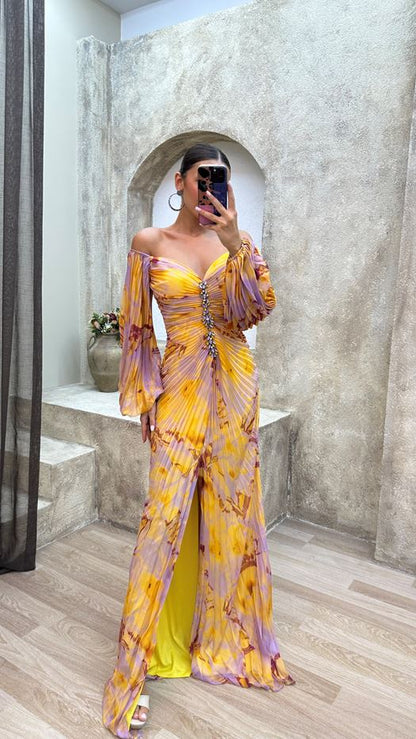 Yellow Off-Shoulder Maxi Dress with Side Slit for Women - Melania