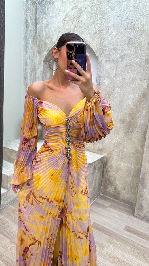 Yellow Off-Shoulder Maxi Dress with Side Slit for Women - Melania