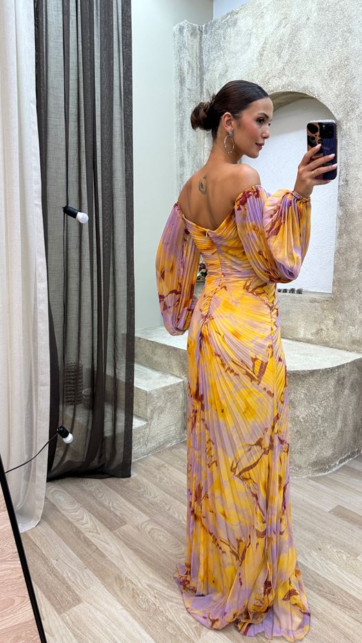 Yellow Off-Shoulder Maxi Dress with Side Slit for Women - Melania