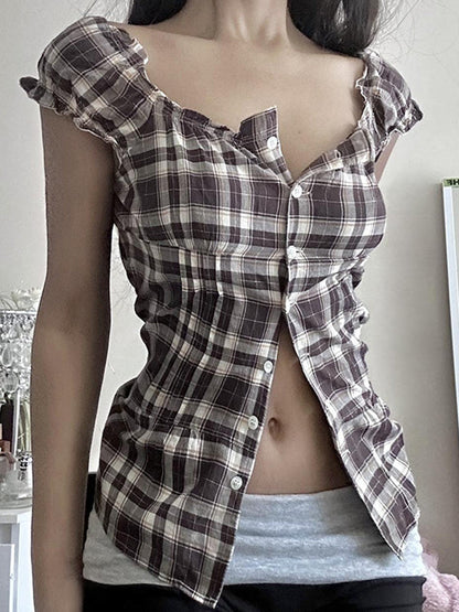 Brown Vintage Square Neck Wrap Shoulder Plaid Short Sleeves Shirts