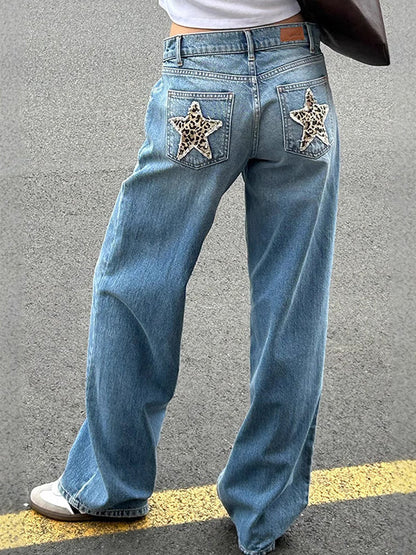 Blue Retro Leopard Print Star Boyfriend Jeans