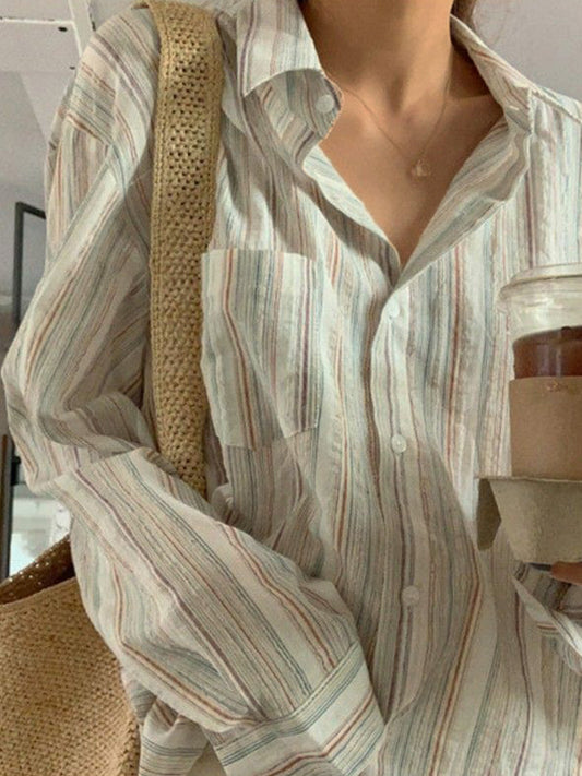 Vintage Langarmhemd mit Knopfleiste und Buntem Streifenmuster