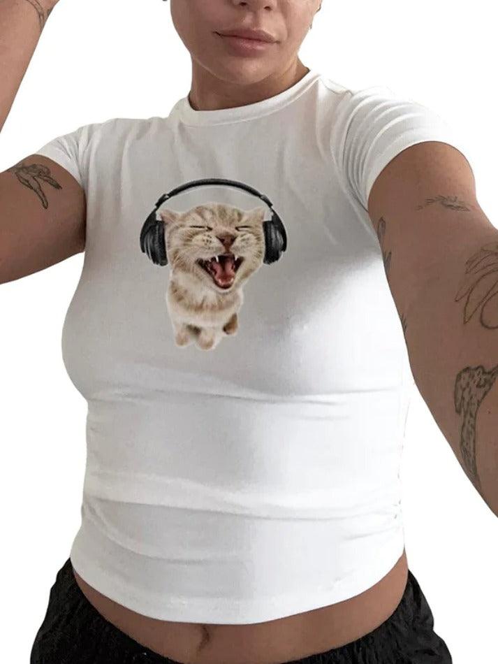 Camiseta corta ajustada de manga corta con estampado de gato vintage