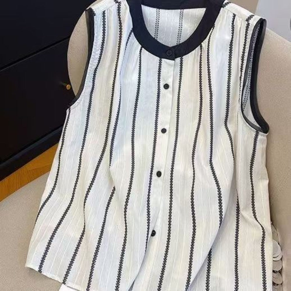 White and Black Striped Sleeveless Blouse for Women - Gisella