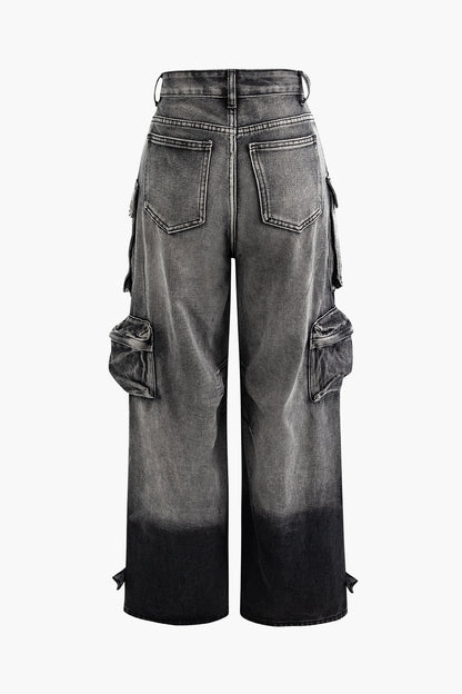 Ombre Punk Wide Leg Cargo Jeans with Multi Pockets