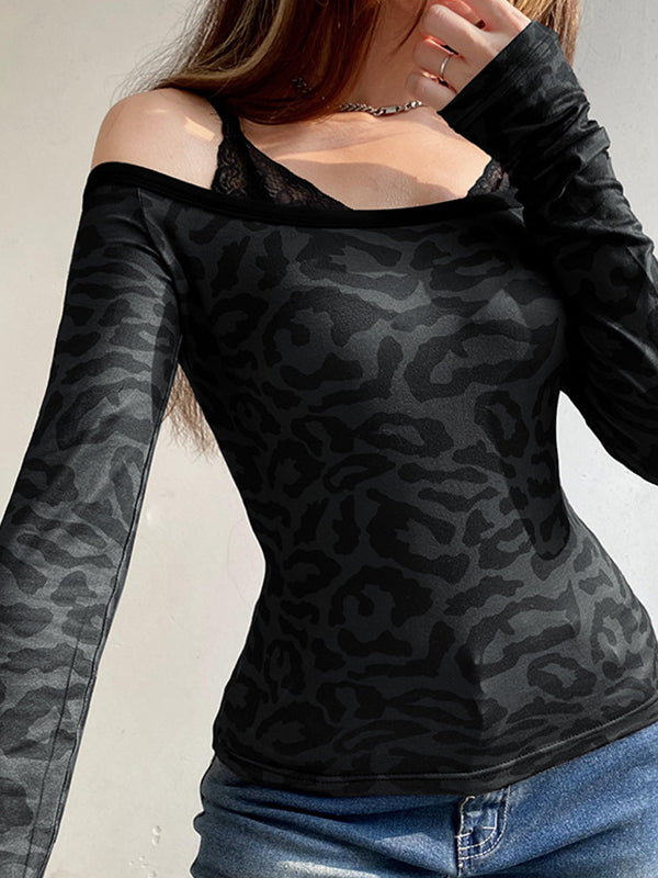 Camiseta de dos piezas con estampado de leopardo y encaje negro