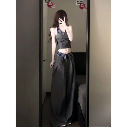 Black Halter Crop Top and Wide Leg Pants Set for Women - Benedetta