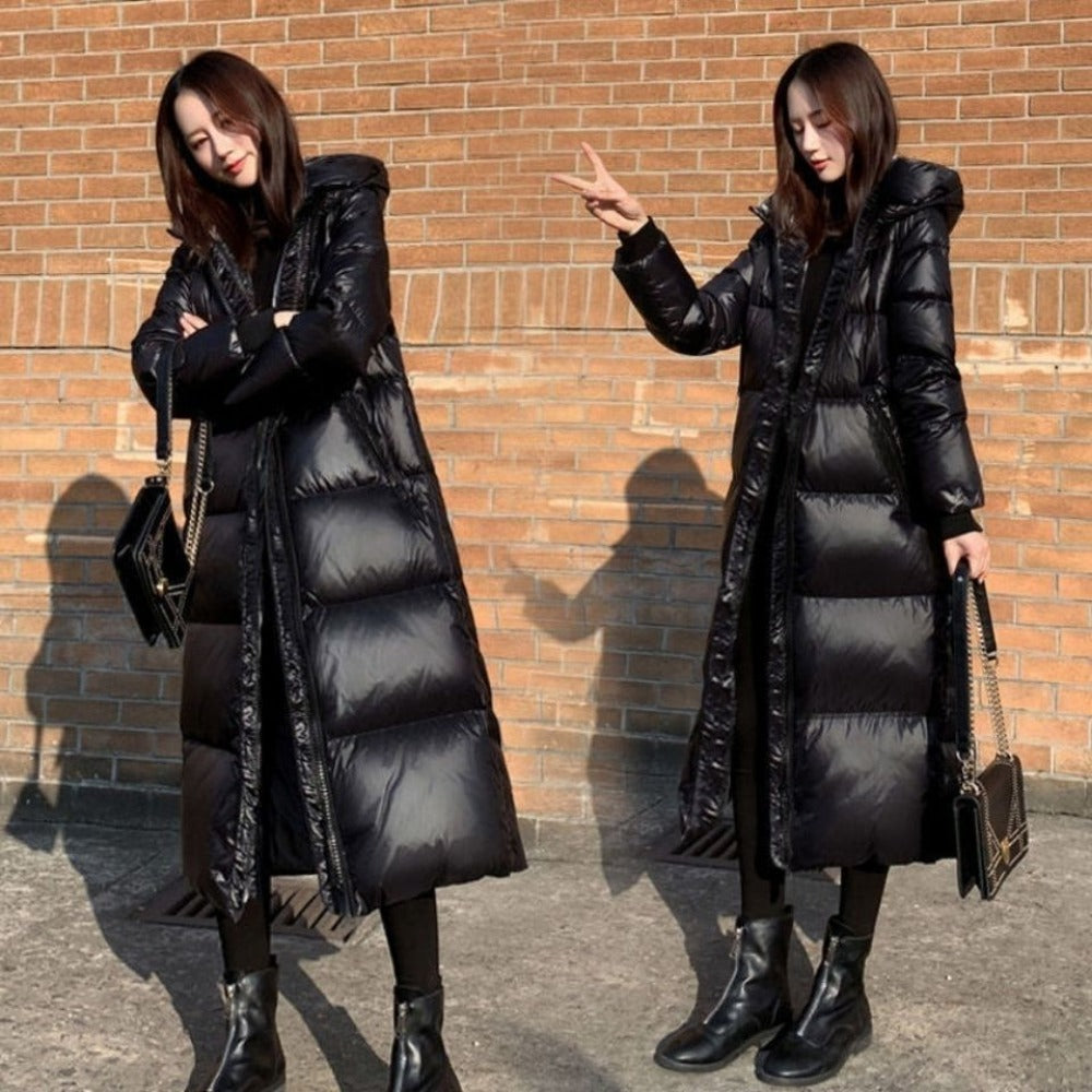Black Long Hooded Puffer Coat for Women - Bruna