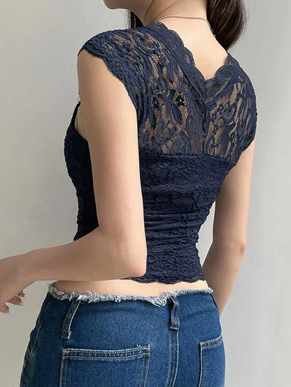 Navy Blue Vintage Lace Slim Short Sleeve Tee