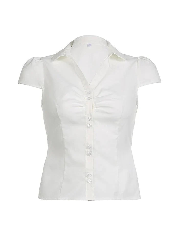 Camisa blanca vintage lisa de manga corta fruncida con cuello en V