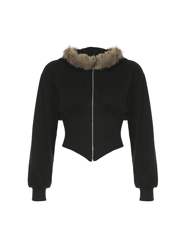 Black Y2k Fur Collar Lrregular Stitching Coat