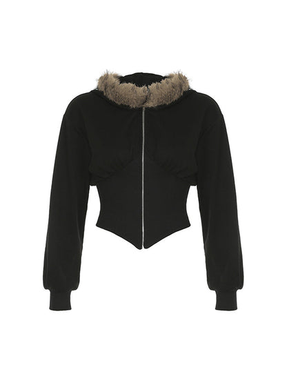 Black Y2k Fur Collar Lrregular Stitching Coat