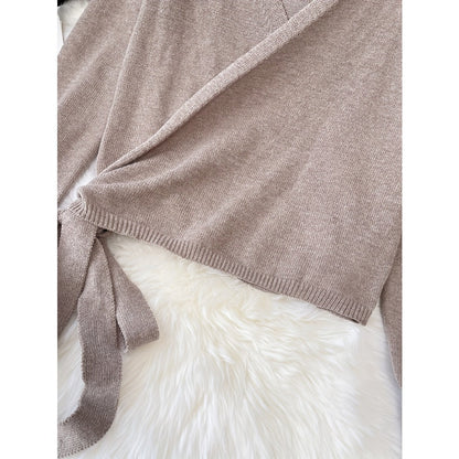 Beige Wrap Knit Sweater with Long Sleeves for Women - Clara