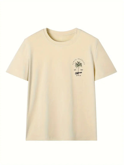 Beige Vintage Coconut Tree Print Crew Neck T Shirt