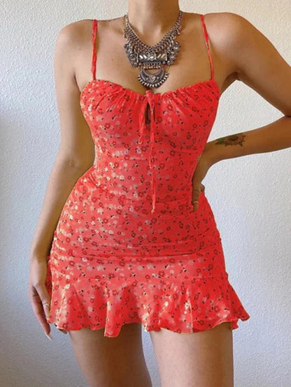 French Floral Suspender Chest Mini Dress with Cutout