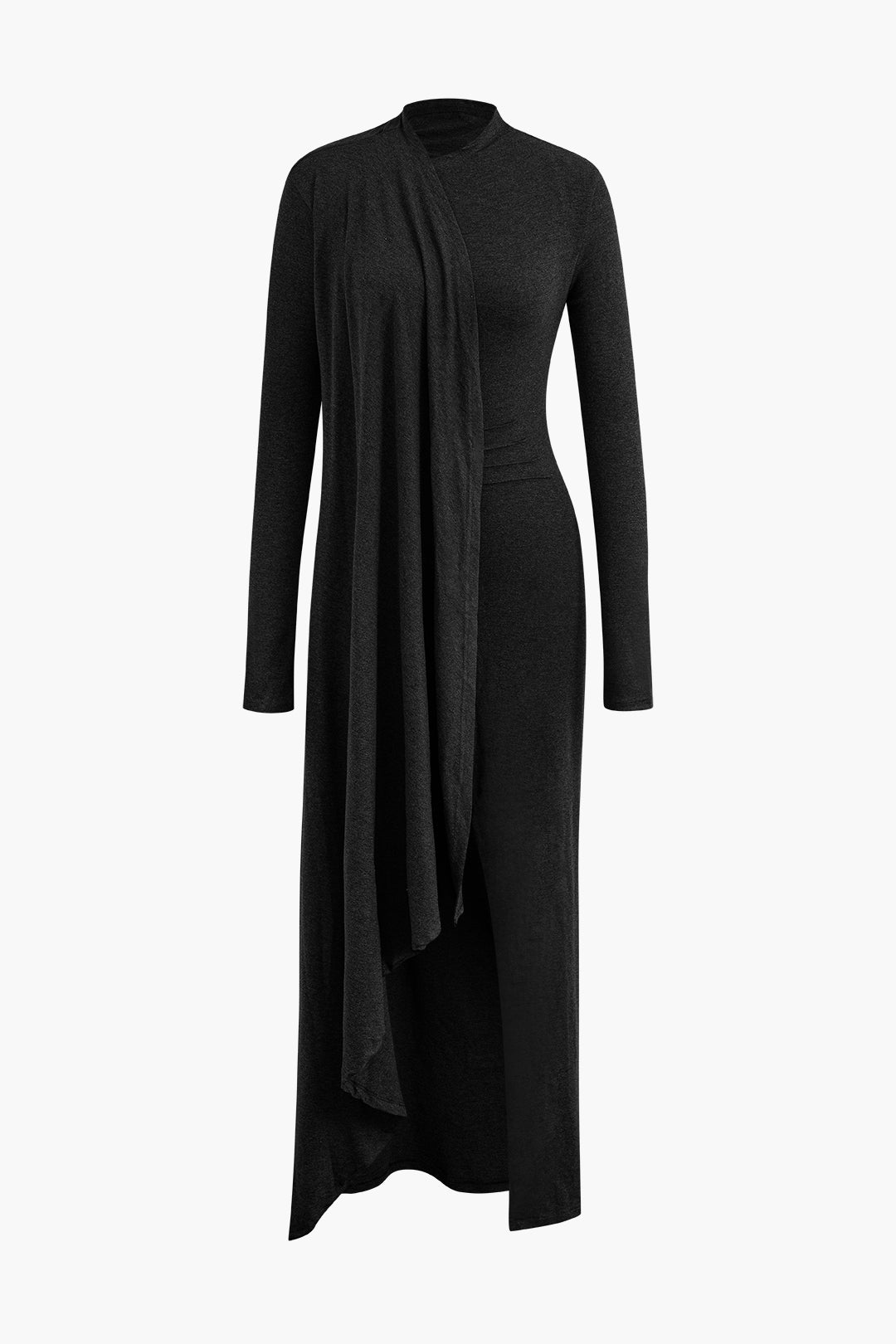 Vintage Mock Neck Wrap Ruched Long Sleeve Slit Maxi Dress