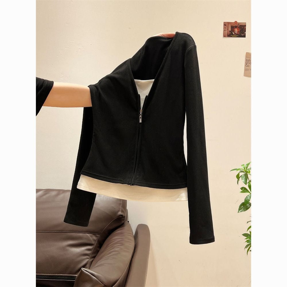 Black Long Sleeve Zip Up Shirt for Women - Alba