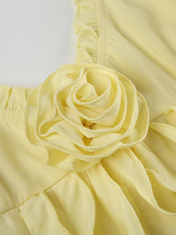 Yellow Vintage V Neck Ruffle Slit Hem Plain Top