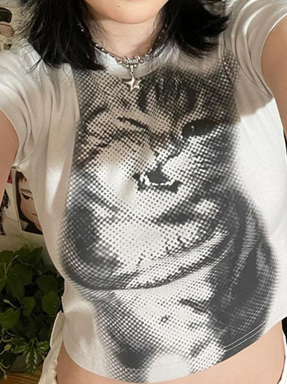 Vintage Cat Print Short Sleeve Crop Top