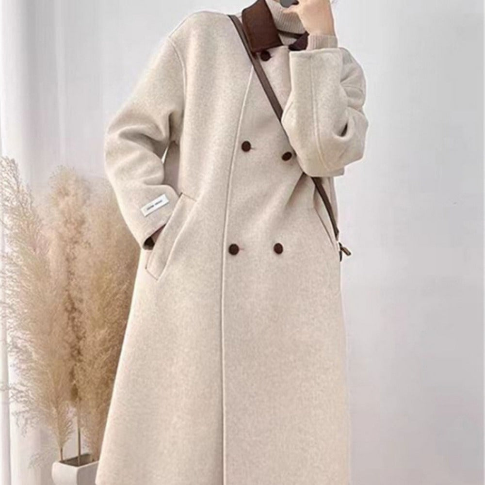 Beige Wool Blend Long Coat with Brown Collar for Women - Ambra