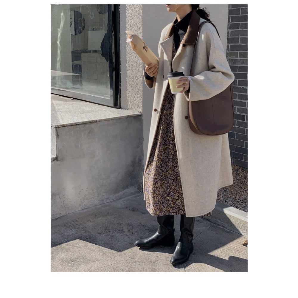 Beige Wool Blend Long Coat with Brown Collar for Women - Ambra