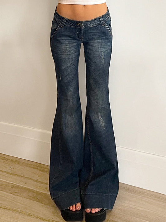 Y2K Washed Effect Distresses Low Waist Flare Jeans