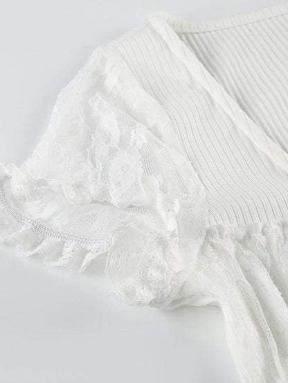 White Y2K Bow Lace Patchwork Bubble Sleeve Top