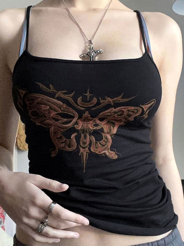 Black Y2K Butterfly Print Slim Fit Black Cami Top