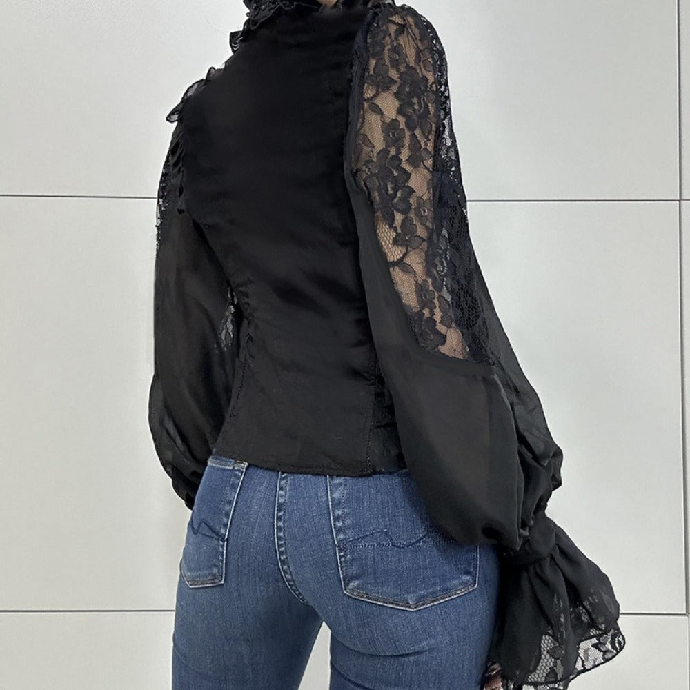 Black Lace Long Sleeve Button Blouse with Ruffles for Women - Olimpia