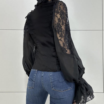 Black Lace Long Sleeve Button Blouse with Ruffles for Women - Olimpia
