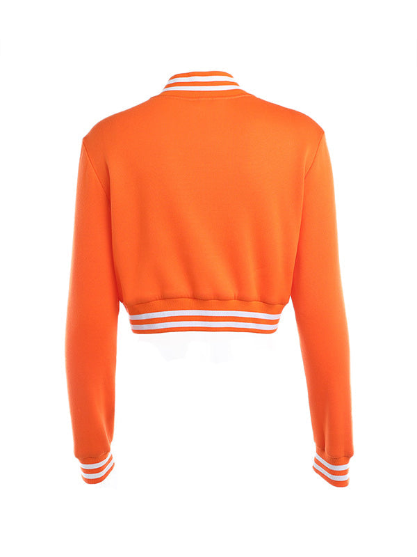 Orange Contrast Color Crop Varsity Jacket with Collar Neck