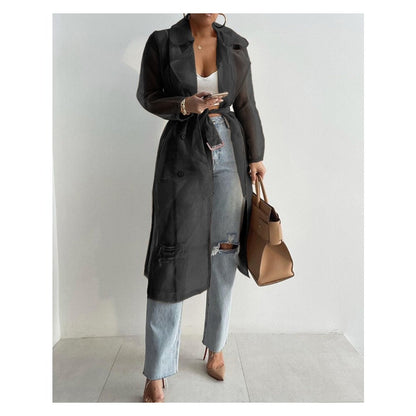 Sheer Long Sleeve Trench Coat with Belt for Women - Diana