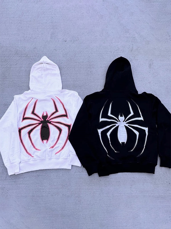 Sudadera con capucha y cremallera estilo punk con estampado de araña