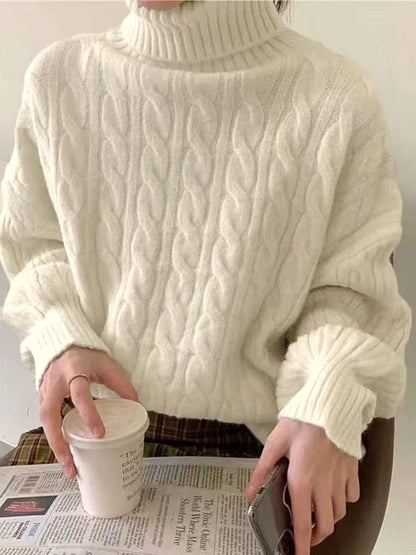 Classic Solid High Neck Cable Knit Sweater