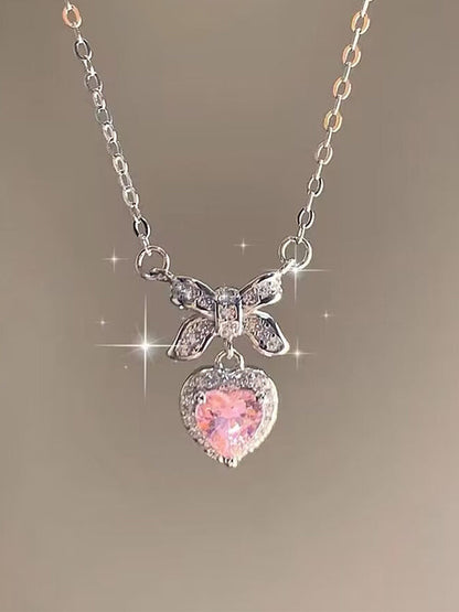 Pink Y2K Glittering Bow Heart Pendant Necklace