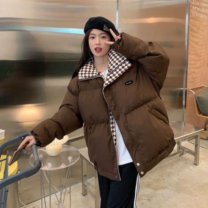 Puffer Jacket with Checkered Collar for Women - Caterina