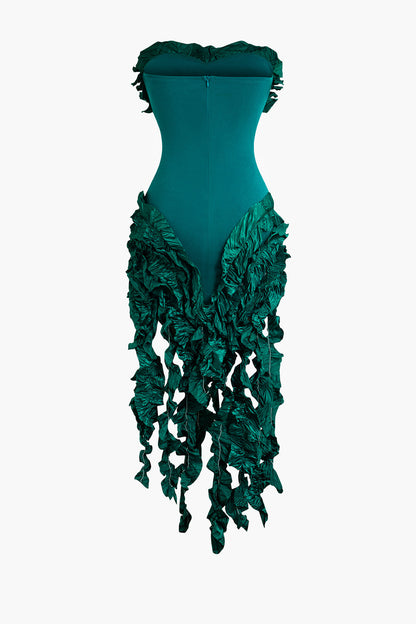 Solid Color Ruffled Fringe Strapless Midi Dress