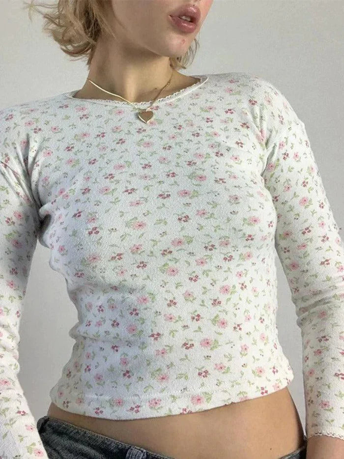 Jersey de punto de manga larga con cuello redondo y estampado floral vintage blanco