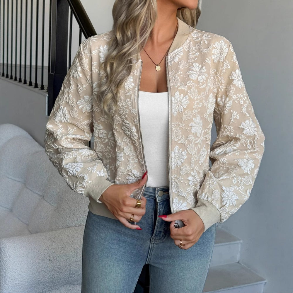Beige Floral Embroidered Bomber Jacket with Zipper for Women - Liana