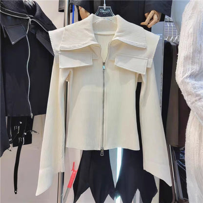 Zip Up Knit Jacket with Wide Collar for Women - Raffaella