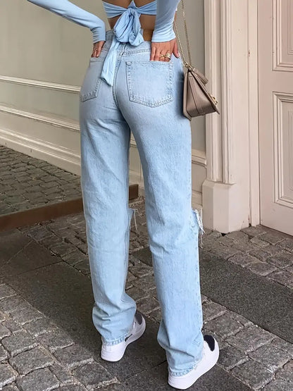 Light Blue 2000s Boyfriend Jeans with Ripped Design